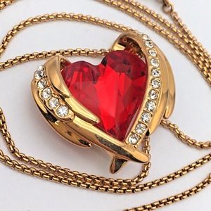 CDE Winged Heart Pendant Necklace Red Crystal Heart Rhinestone Accents Gold